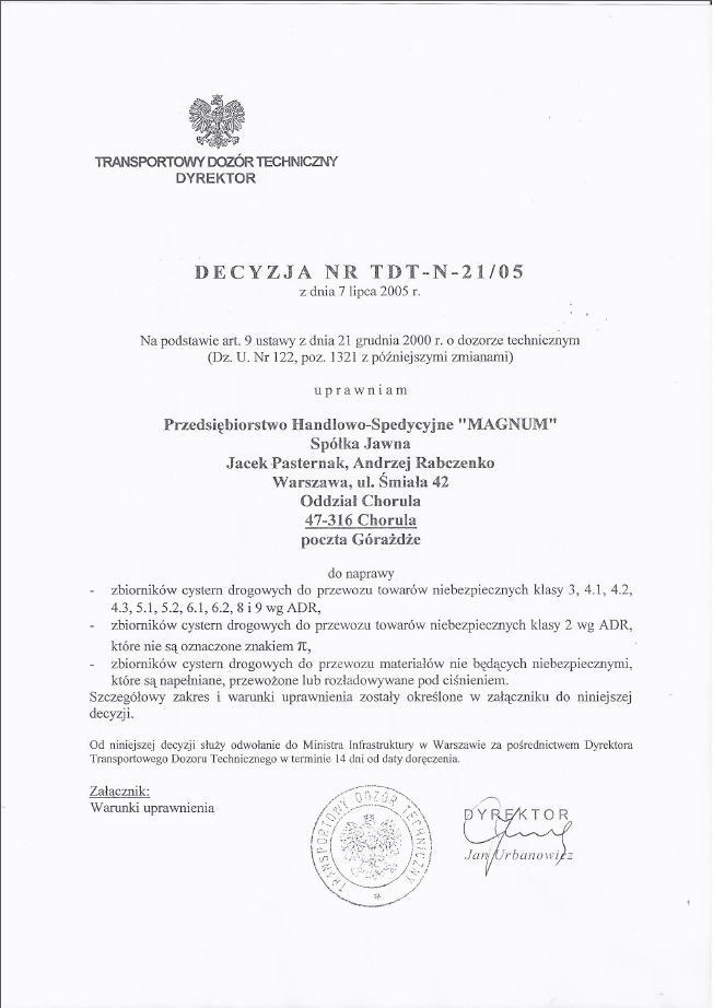 Rewizje TDT/WDT – PHS Magnum Chorula Rewizje TDT i WDT pojazdów specjalistycznych – PHS Magnum autoryzowane przez TDT